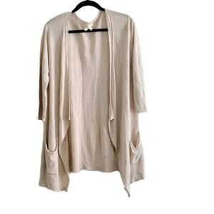 Eileen Fisher Sz Large Tan Oatmeal Knit Open Front Cardigan 3/4 Sleeve Linen NEW